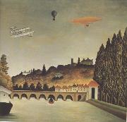 Henri Rousseau View of the Bridge at Sevres and Saint-Cloud with Airplane,Balloon,and Dirigible Sweden oil painting artist
